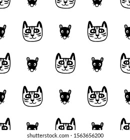 Seamless pattern with cute cats and mice. Doodle sketches of pets. Hand drawn vector illustration of funny characters.