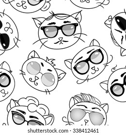 Seamless pattern, cute cats in modern glasses vector illustration, black and white outline graphic art collection