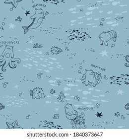 seamless pattern of cute cats, octopus, jellyfish, triton, funny sea monsters, school notebook design, vector illustration with ink contour lines on a blue background in a doodle & hand drawn style