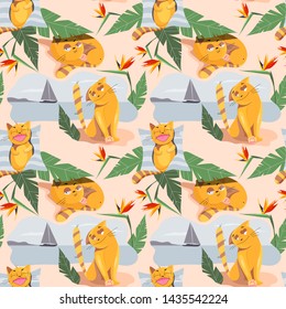 Seamless pattern of cute cats on the beach. Summer print