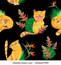 Seamless pattern of cute cats on the beach. Summer print_black