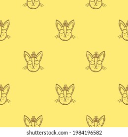 Seamless pattern with cute cats on yellow background. Funny animals wallpaper. Vector doodle kittens print.