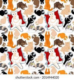 Seamless pattern with cute cats on white background.