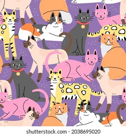 Seamless pattern with cute cats on a purple background. Background with animals. Vector illustration.