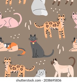 Patrón sin foco con gatos lindos sobre fondo marrón. Fondo con animales. Ilustración vectorial.