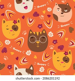 Seamless pattern with cute cats on a bright orange background. For textiles, clothing, wrapping paper. Stock vector illustration.