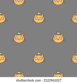 Seamless pattern with cute cats on gray background. Funny animals wallpaper. Vector doodle kittens print.