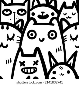 Seamless pattern with cute cats on white background. Funny animals wallpaper. Vector doodle kittens print.