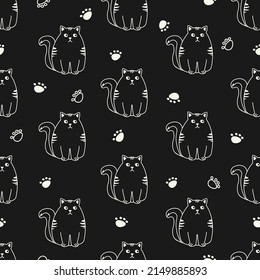 Seamless pattern with cute cats on a black background. Vector illustration.