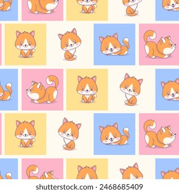 Seamless pattern with cute cats on colorful square background. Funny cartoon kawaii pet. Vector illustration. Kids collection