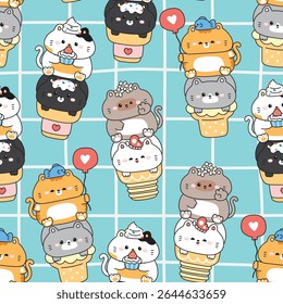 Seamless pattern of cute cats on ice cream cone background.Meow.Kitten.Strawberry cupcake,balloon,heart,flower,butterfly.Sweet and dessert.Pet animal character cartoon design.Kawaii.