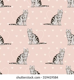 Seamless pattern with cute cats on pink background.American Shorthair.