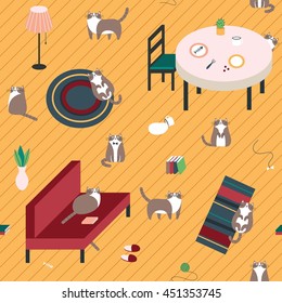 Seamless pattern and cute cats the floor   Vector illustration  For textiles  cards  decorations  wallpaper