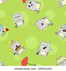 Seamless pattern with cute cats on green background.Vector