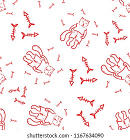Seamless pattern with cute cats. Pet animal vector illustration. Pattern for products for children. Red line illustration. Doodle style.