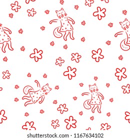 Seamless pattern with cute cats. Pet animal vector illustration. Pattern for products for children. Red line illustration. Doodle style.