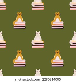 Seamless pattern of cute cats with piles of books on green background. Modern design for fabric and paper, surface textures.
