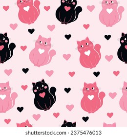 Seamless pattern with cute cats. Pink and black cats. Pattern for textile, background, packaging, wallpaper, cover.