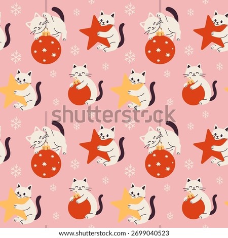 Seamless Pattern of Cute Cats Playing with Christmas Ornaments