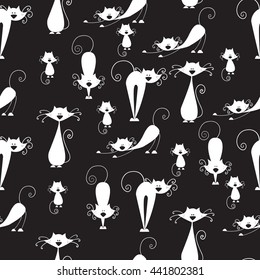 seamless pattern, cute cats, cats posing, black and white pattern