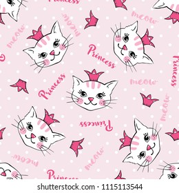 Padrão sem costura com bonitos gatos princesa e coroas isoladas no fundo branco. Elemento de design para têxteis, tecido, scrapbooking, papéis de parede. Ilustração vetorial.