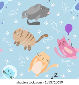 Seamless pattern with cute cats in scandinavian style. Vector illustration with pastel colors. The concept of children's design. Concept for apparel, nursery print, scrap book, cute poster.