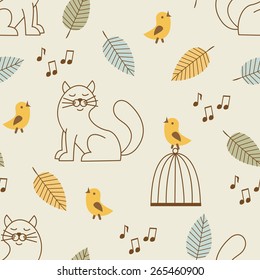 Seamless pattern with cute cats and singing birds. Vector illustration.