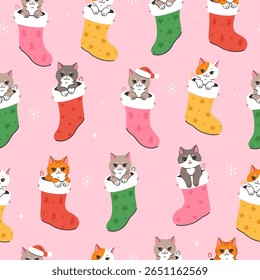 Seamless pattern with cute cats sitting in Christmas socks. Vector graphics.