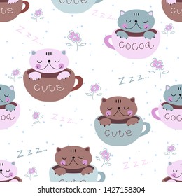 Seamless pattern. Cute cats sleep sweetly in mugs. Pajama print for children. Vector.