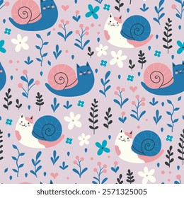 Seamless pattern with cute cats snails. Vector graphics