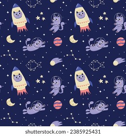 Seamless pattern of cute cats in space