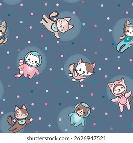 Seamless pattern with cute cats  in space. Vector dark grey, blue background image.