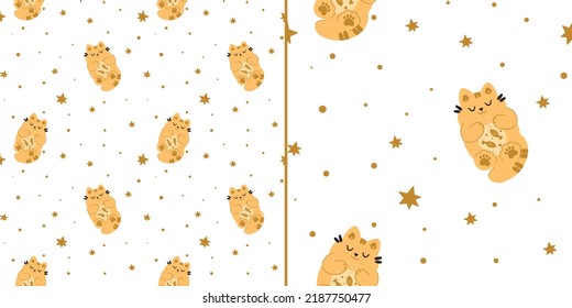 Patrón sin foco con gatos lindos en las estrellas de fondo blanco. Textura infantil en estilo escandinavo para tela, textil, ropa, decoración de vivero. Ilustración del vector