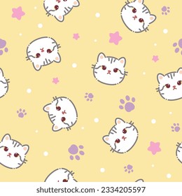 Seamless pattern of a cute cats, stars animal's paws. Vector illustration on a yellow background. Cartoon style flat design. Concept for children print.