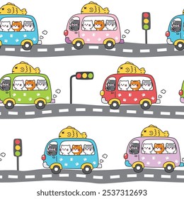 Seamless pattern of cute cats stay on bus with paw and big fish road background.Traffic light.Vehicle.Pet animal character cartoon design.Hand drawn.Image for card,poster,baby clothing.Kawaii.