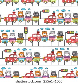 Seamless pattern of cute cats stay on train white background.Vehicle.Meow.Pet animal character cartoon design.Railway tracks.Traffic.Kawaii.Vector.Illustration.