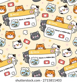 Nahtloses Muster von niedlichen Katzen bleiben auf Checkboxen auf dem Computerbildschirm Hintergrund.Fisch, Pfote, Herz.Haben einen Miau-Tag-Text.Haustier Charakter Cartoon.Kawaii.Vector.Illustration.