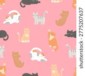 Seamless pattern with cute cats. Texture with cartoon illustrations in flat style. Different domestic kittens on pink background