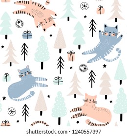 Seamless pattern with cute cats, trees, gifts and christmas toys. Suitable for the original wrapping paper, funny background.