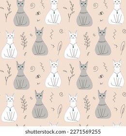 Seamless pattern of cute cats and twigs on a beige background. Vector doodle illustration for decoration, postcards, print