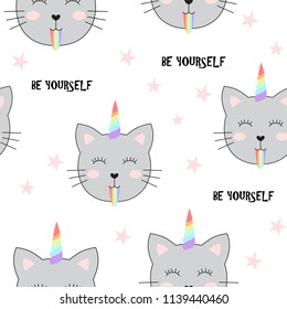 Seamless pattern with cute cats unicorn. Cartoon cat vector illustration. Perfect for kids fabric, textile, nursery wallpaper