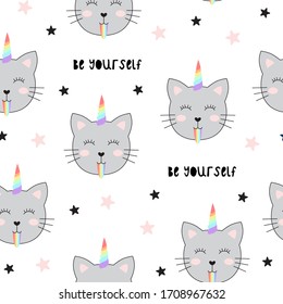 Seamless pattern with cute cats unicorn. Cartoon cat vector illustration. Perfect for kids fabric, textile, nursery wallpaper.