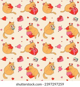 Seamless pattern with Cute cats with valentines decorations