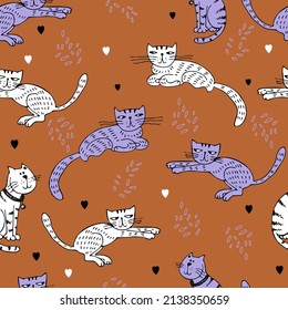 Seamless pattern with cute cats . Vector.