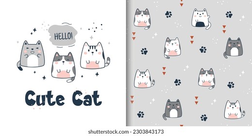 Seamless pattern with cute cats. Vector childish illustration design for kids collection, fabric, wallpaper, wrapping, textile, t-shirt print