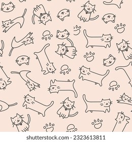 Seamless pattern with cute cats. Vector illustration. Hand drawn style.