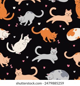 Seamless pattern with cute cats. Vector illustration.