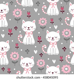 Seamless pattern with cute cats. Vector picture with squint kittens and flowers on a gray background. The illustration on the theme of children and the children's style.