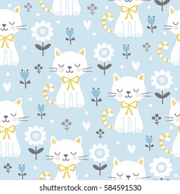 Seamless pattern with cute cats
Seamless pattern with cute cats. Vector illustration with white kittens and flowers on color background.