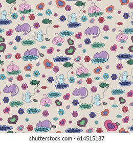 Seamless pattern with cute cats. Vector illustration with kittens and flowers